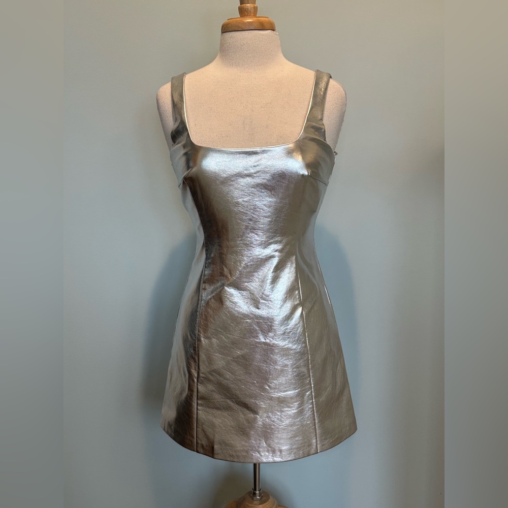Gianni Bini Kinsley Denim Silver metallic square neck mini dress size 4 NWT